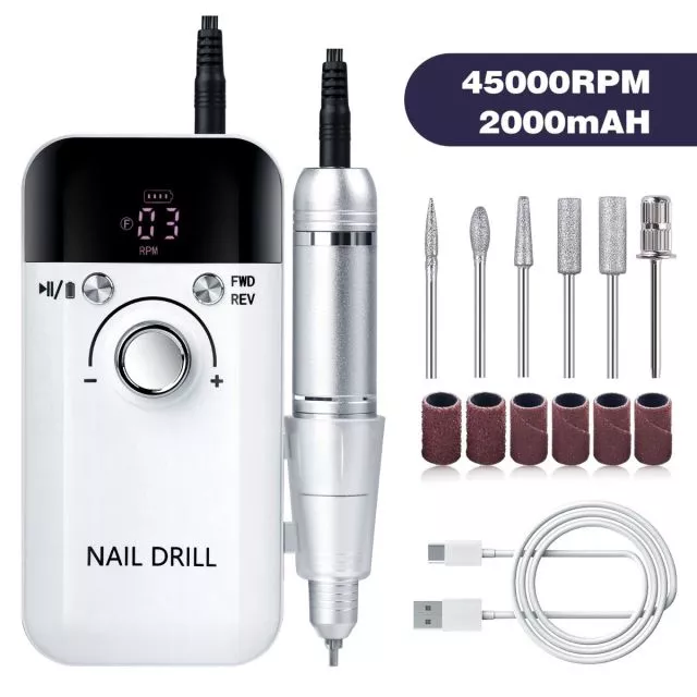 Ladattava ja Kannettava Kynsipora 45000rpm M6/Valkea